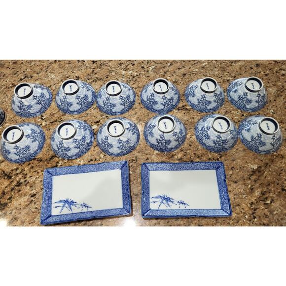 Matching Set (12) ASIAN Bamboo Porcelain Rice Bowls/2 Sushi Plates/1 Vase - Picture 9 of 16